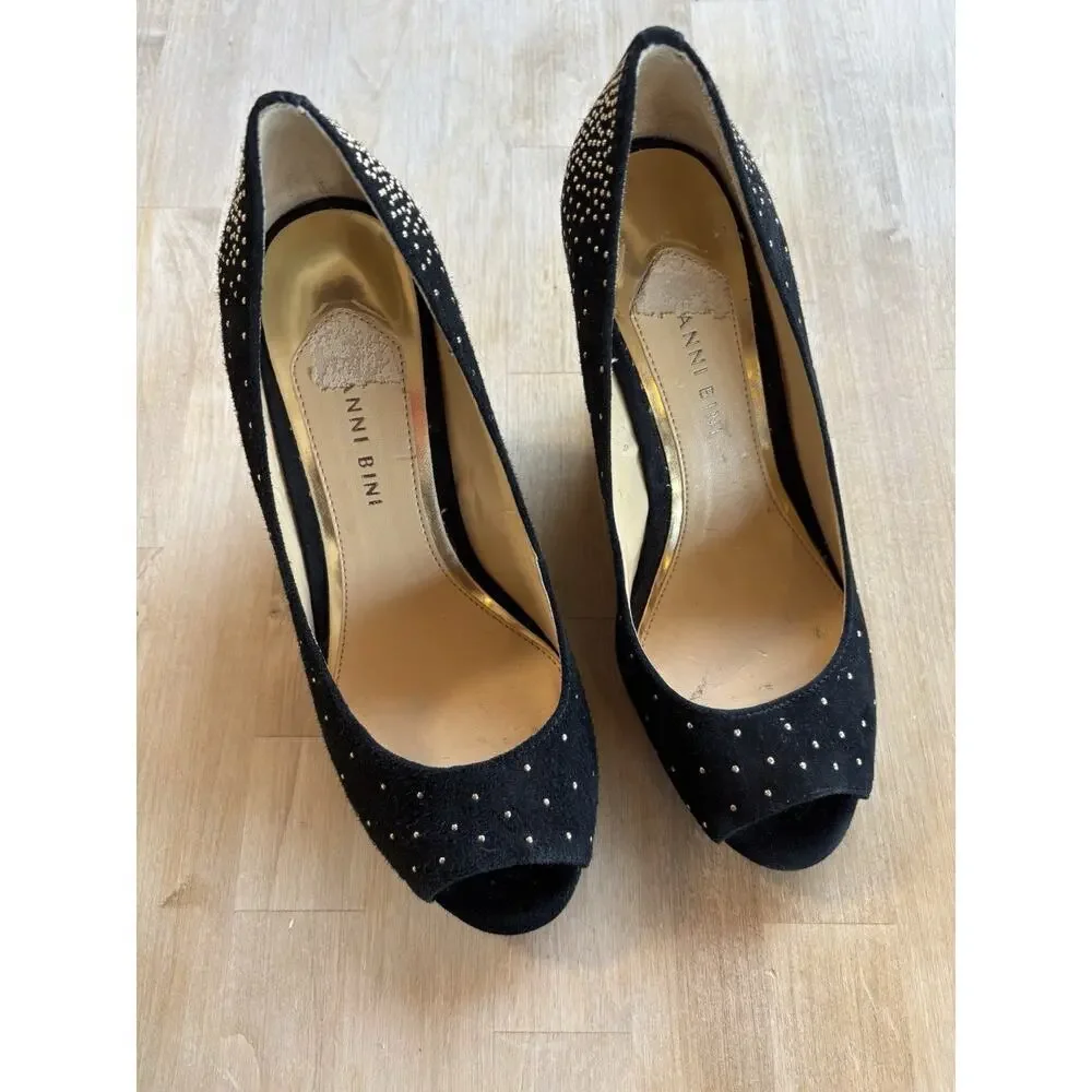 Gianni Bini Women's Black Gold Studded Sparkle Size 7M Wedges Open Peep Toe